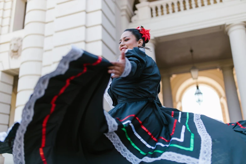 a woman in a black dress is holding an umbrella, by Alejandro Obregón, pexels contest winner, arabesque, folklorico, palace dance, thumbnail, square