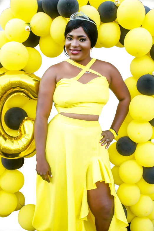 a woman in a yellow dress posing for a picture, happy birthday, uploaded, black. yellow, promo photo