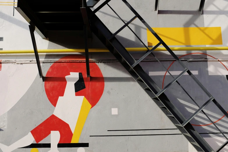 a fire escape is painted on the side of a building, a cartoon, inspired by El Lissitzky, pexels contest winner, de stijl, a dog, ignant, still from l'estate, art deco stadium