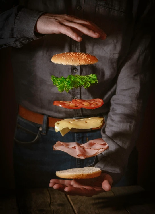 a close up of a person holding a sandwich, by Matthias Stom, pexels contest winner, hyperrealism, hanging beef carcasses, made of swiss cheese wheels, levitation, hamburgers