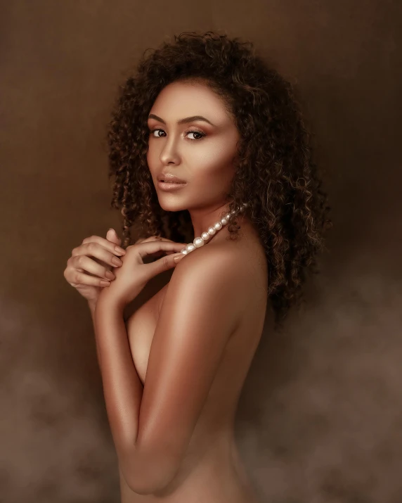 a naked woman with a pearl necklace on her neck, an album cover, by Cosmo Alexander, trending on pexels, ( ( brown skin ) ), brown mist, 5 0 0 px models, 3 / 4 pose