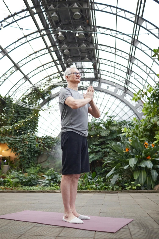 a man standing on a yoga mat in a greenhouse, inspired by Graham Forsythe, happening, wearing nike air mags, man with glasses, anjali mudra, jony ive