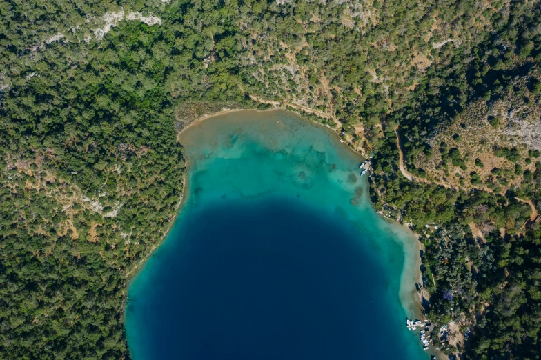 a large body of water surrounded by trees, by Daren Bader, pexels contest winner, hurufiyya, aerial view cinestill 800t 18mm, lake blue, turkey, thumbnail