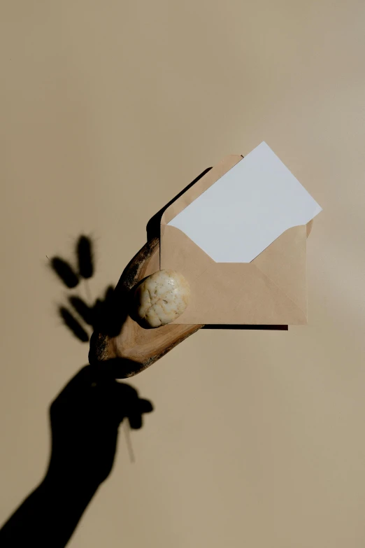 a person holding a piece of paper in their hand, by Carey Morris, pexels contest winner, postminimalism, gradient brown to white, email, abstract claymation, holding gift