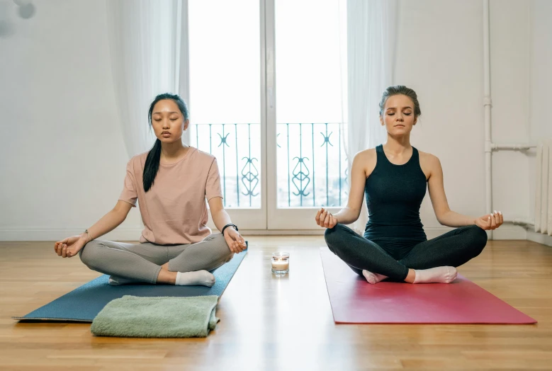 a couple of women sitting on top of a wooden floor, trending on pexels, hurufiyya, meditating in lotus position, avatar image, sweat and labour, ad image