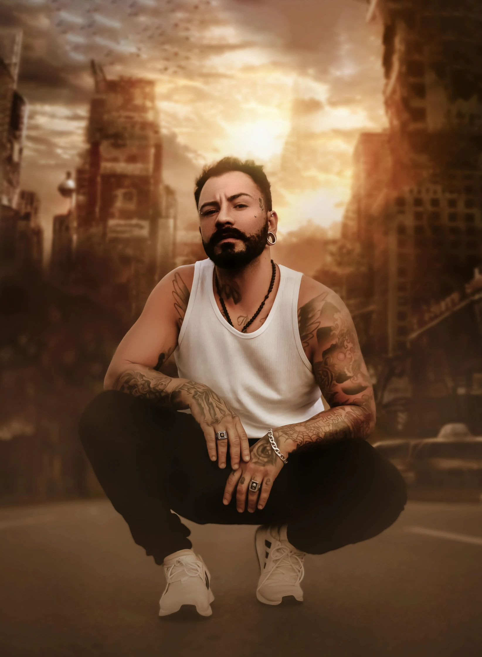 a man sitting on a skateboard in the middle of a city, an album cover, inspired by Camilo Egas, hyperrealism, tattooed, profile image, joe rogan, lgbtq