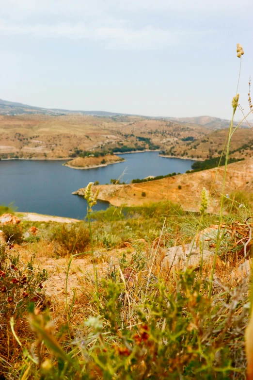 a large body of water sitting on top of a lush green hillside, by Muggur, jordan, water reservoir, slide show, film photo