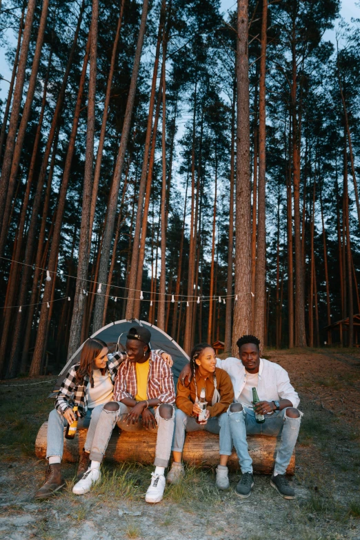 three people sitting on a log in the woods, by Adam Marczyński, pexels contest winner, glamping, portrait of tall, group of people, promotional image