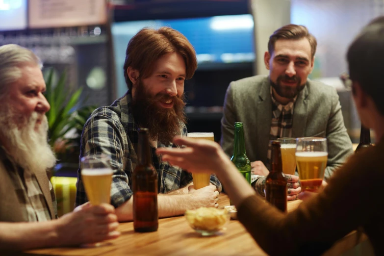 a group of men sitting around a wooden table, by Adam Marczyński, shutterstock, drinking at the bar, bearded man, avatar image, people enjoying the show