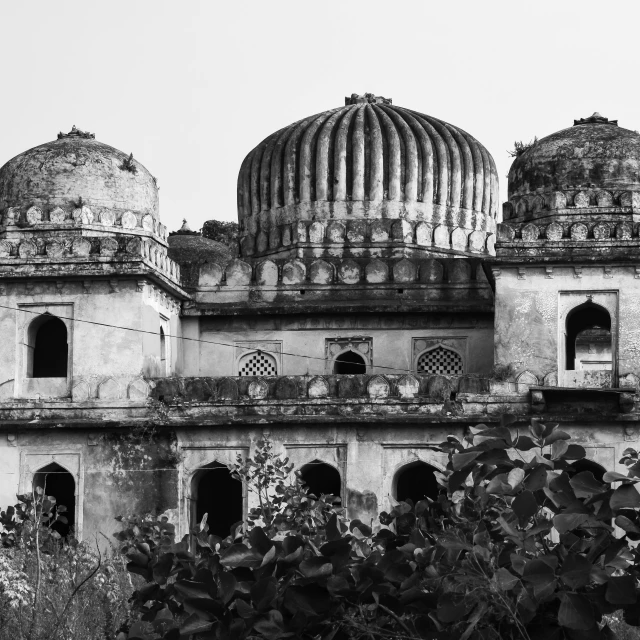 a black and white photo of a building, a black and white photo, pexels contest winner, baroque, madhubani, tombs, domes, an overgrown