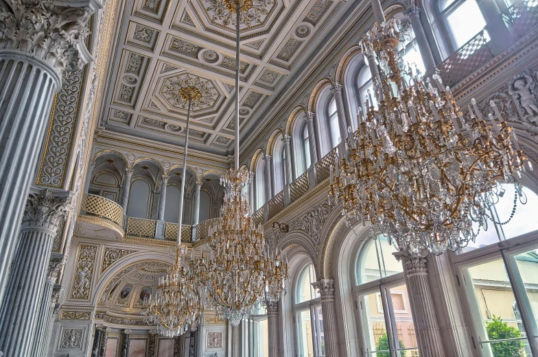 a large room with a lot of windows and a chandelier, by Serhii Vasylkivsky, pexels contest winner, baroque, square, demur, byzantine, half image