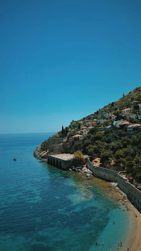 a large body of water next to a beach, a picture, pexels contest winner, renaissance, hydra, neighborhood, clear blue skies, thumbnail