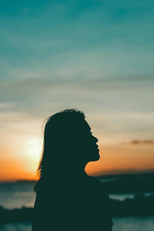 a woman standing in front of the ocean at sunset, a woman's profile, outlined silhouettes, portrait featured on unsplash, focus on the sky