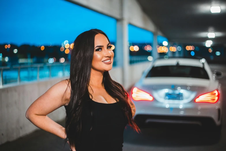 a woman standing in front of a parked car, gorgeous female jade tailor, city lights in the background, violet myers, profile image