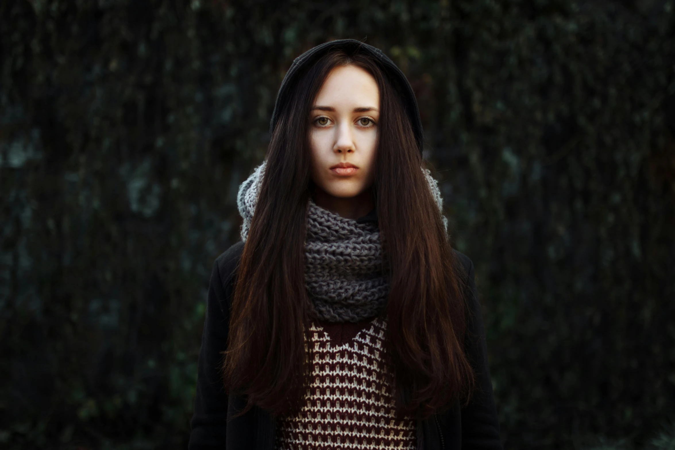 a woman with long hair wearing a scarf, a character portrait, by Adam Marczyński, pexels contest winner, girl wearing hoodie, wearing a dark sweater, avatar image, natural brown hair