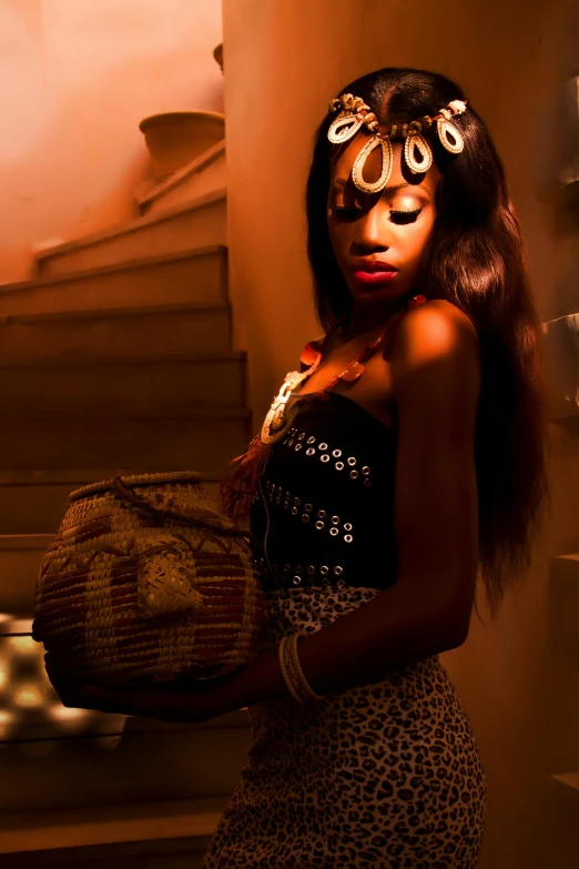 a woman in a leopard print dress holding a basket, an album cover, inspired by Chinwe Chukwuogo-Roy, flickr, shot at night with studio lights, square, traditional makeup, girl under lantern