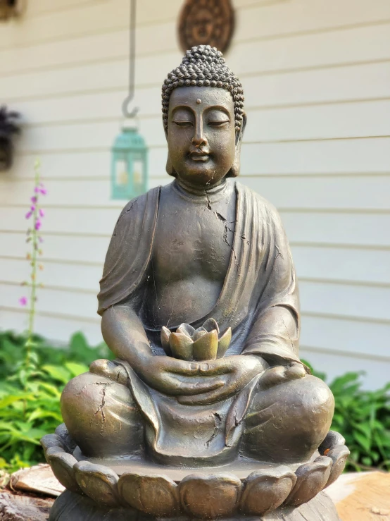 a statue of a buddha sitting on top of a rock, sitting on a lotus flower, led light accents, al fresco, on center