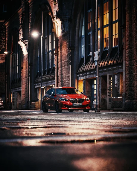 a red car parked on the side of a street, by Adam Marczyński, pexels contest winner, renaissance, accent lighting : : peugot onyx, bmw m1, portrait photo, 5 0 0 px models