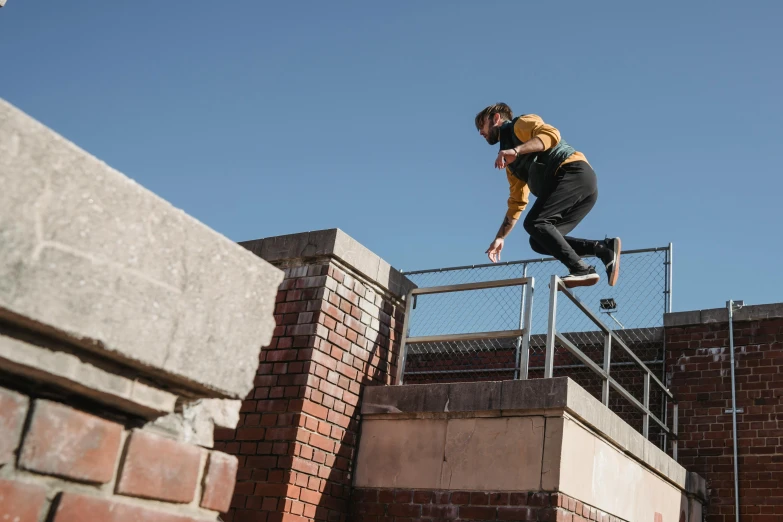 a man flying through the air while riding a skateboard, unsplash, parkour, penrose stairs, thumbnail, 33mm photo