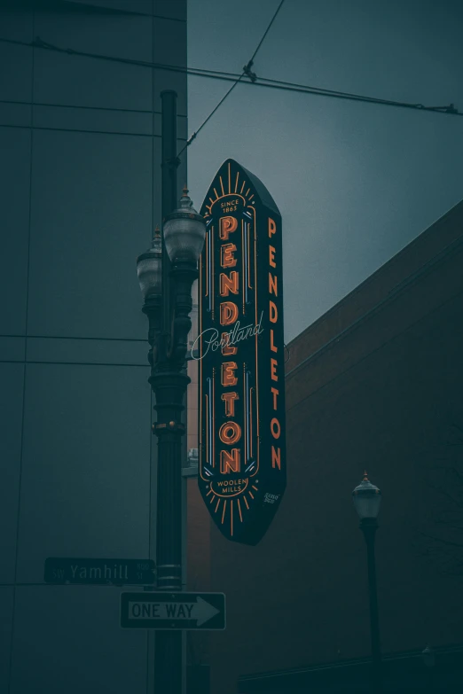 a neon sign hanging from the side of a building, poster art, by Dennis Flanders, trending on pexels, pendleton ward, city at night in the rain, high details photo, emblem