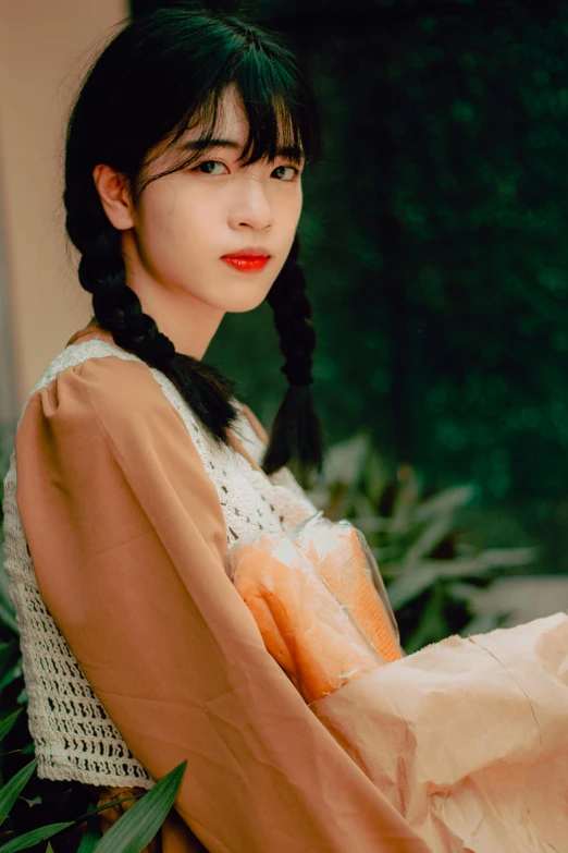 a woman sitting on top of a wooden bench, an album cover, inspired by Ma Yuanyu, unsplash, pigtails hairstyle, ((portrait)), bae suzy, good lighted photo