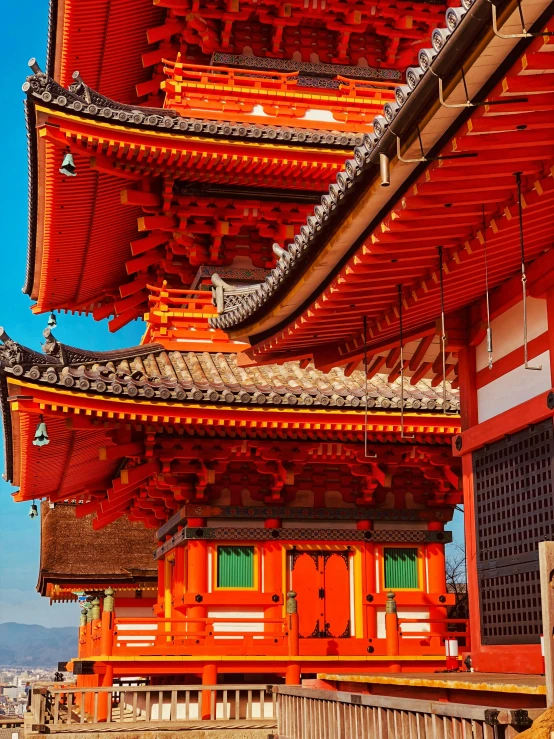 a tall red building with a blue sky in the background, inspired by Torii Kiyomasu, trending on unsplash, superb detail 8 k masterpiece, orange roof, square, extremely hyperdetailed