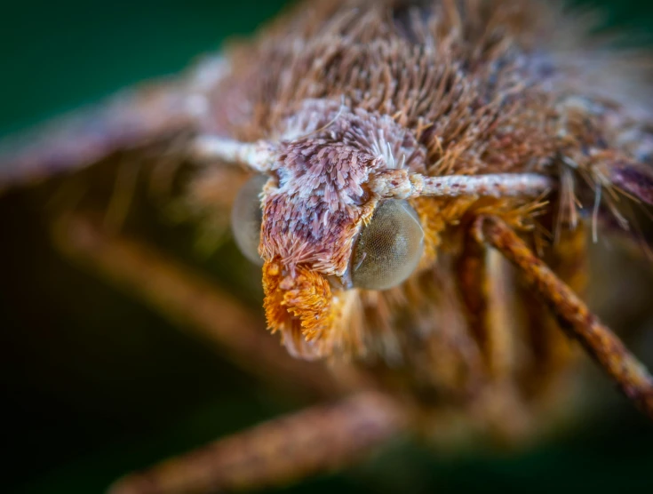 a close up of a moth on a green surface, a macro photograph, unsplash, hurufiyya, intricate eye detail focus, shot on sony a 7, a humanoid mosquito, moulting