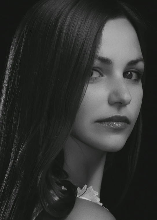 a black and white photo of a woman with long hair, pexels contest winner, victoria justice, stylized portrait h 704, portrait photoreal, ukraine. professional photo