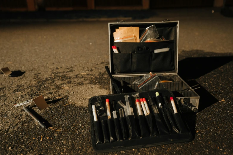 a suitcase filled with tools sitting on the ground, a portrait, unsplash, plein air, crime scene photo, syringes, group photo, make-up