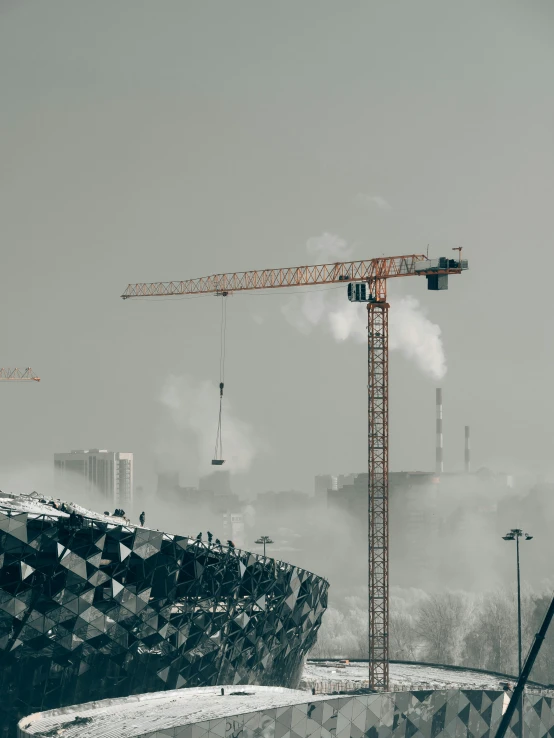 a crane that is standing in the snow, pexels contest winner, constructivism, smoke and rubble, renzo piano, profile image, beijing