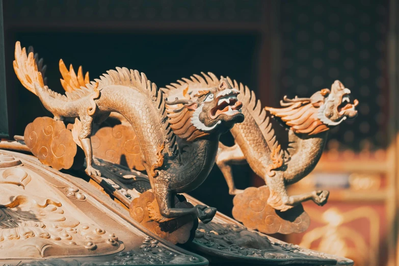 a close up of a statue of a dragon, a statue, inspired by Xuande Emperor, pexels contest winner, displayed on an altar, avatar image, chinese dragons fighting, dongson bronze artifacts