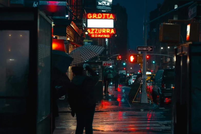 a person walking in the rain with an umbrella, a picture, inspired by Elsa Bleda, unsplash contest winner, with neon signs, watching new york, intro to uncut gems, red lights