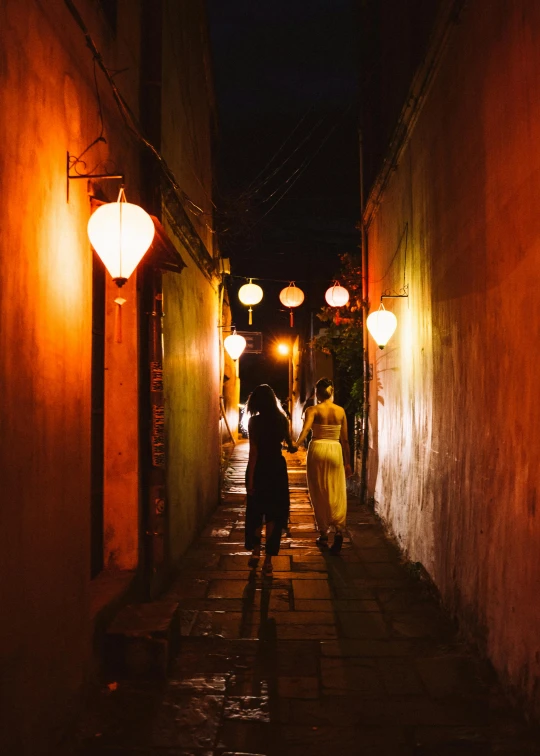 a couple of people walking down a street at night, tea drinking and paper lanterns, shady alleys, profile image