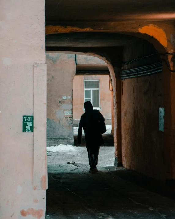 a person walking through a tunnel in a building, by Emma Andijewska, lgbtq, old town, an intruder, with his back turned