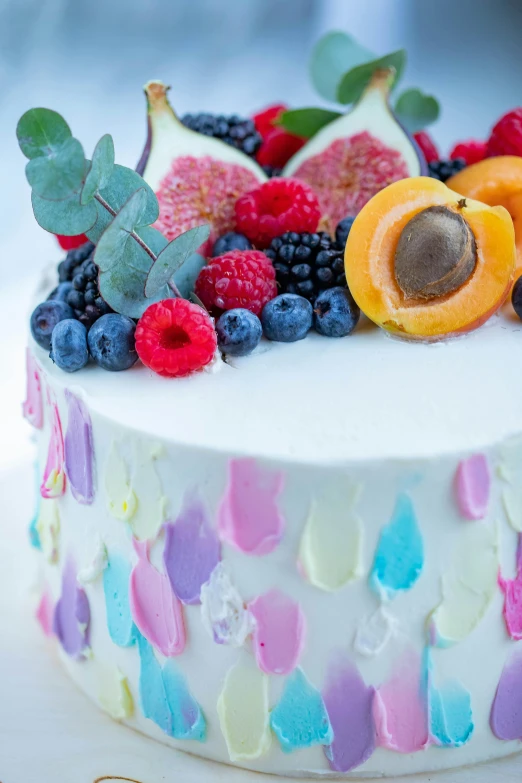 a close up of a cake with fruit on it, a pastel, trending on pexels, baroque, confetti, wild berries, embossed, soft rainbow