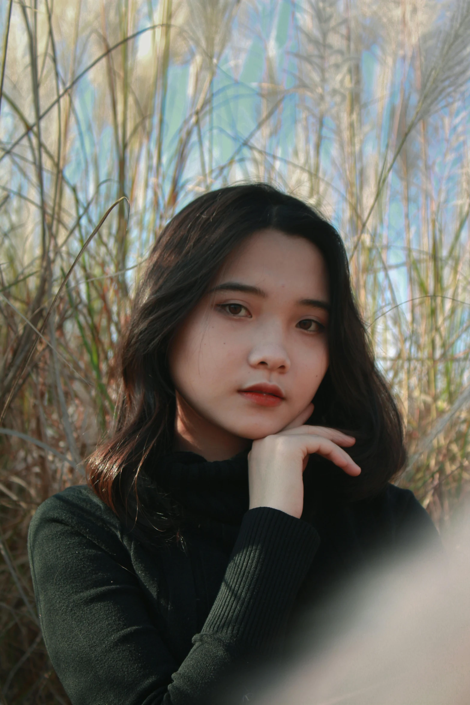 a woman sitting in a field of tall grass, inspired by Ai Xuan, pexels contest winner, realism, thick jawline, 🤤 girl portrait, headshot profile picture, medium black hair