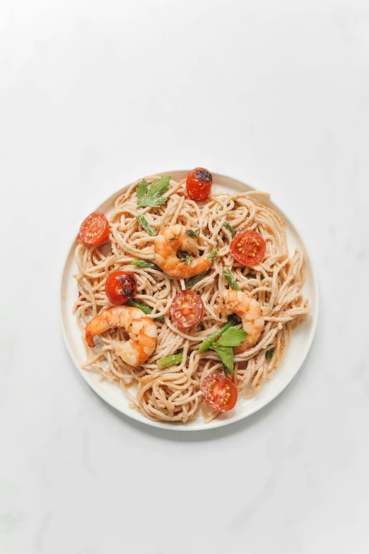 a plate of pasta with shrimp and tomatoes, a picture, trending on pexels, grey, wide full body, made of glazed, 4l