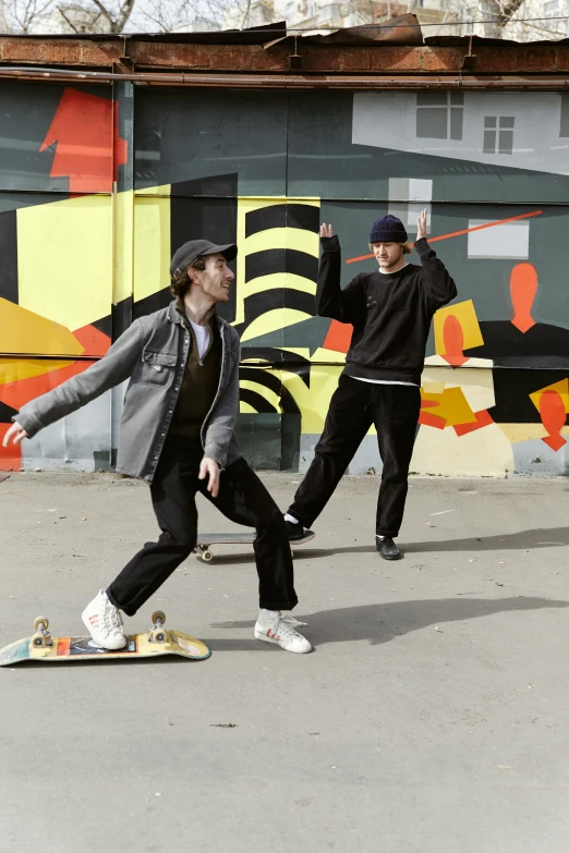 a couple of people that are on a skateboard, dardenne brothers, multicoloured, no cropping, petros and leonid