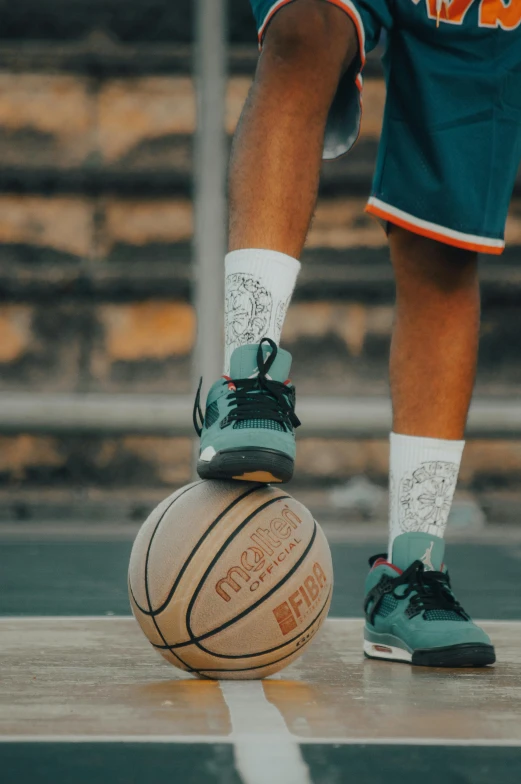 a person standing on a basketball court with a ball, trending on dribble, graffiti, wearing kneesocks, white and teal garment, intricate design, sport clothing