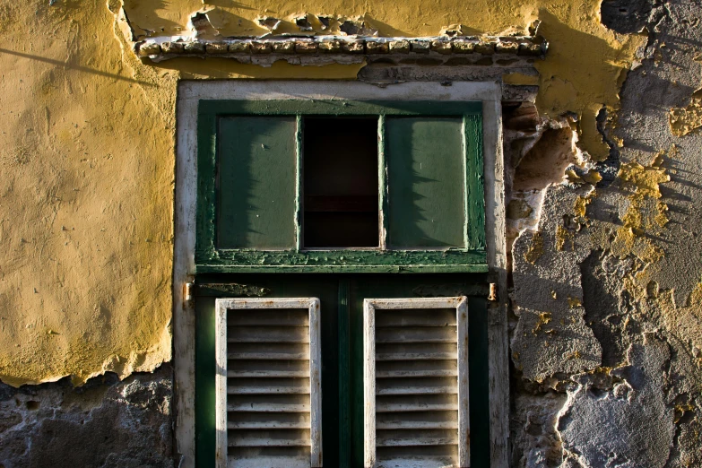 a close up of a window on a building, pexels contest winner, renaissance, green and yellow, dilapidated house, album cover, traditional corsican