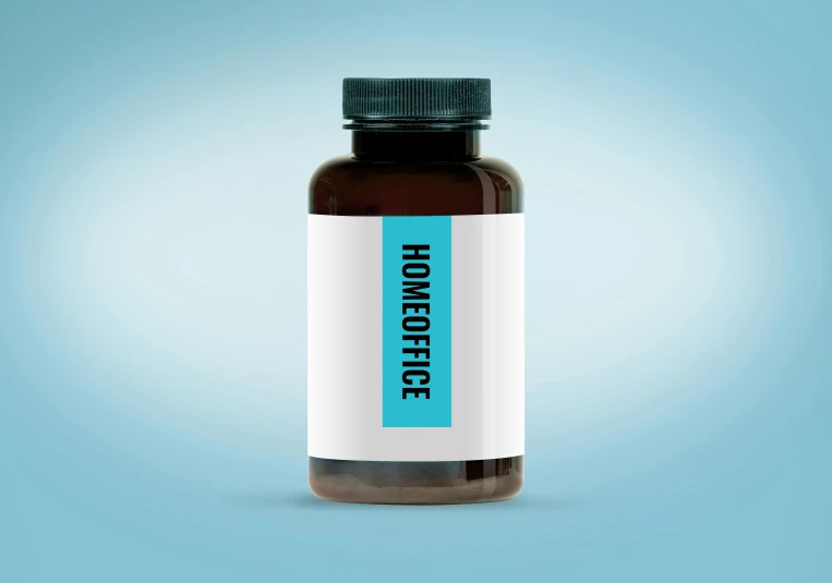 a bottle of medicine on a blue background, an album cover, unsplash, hurufiyya, brown and cyan blue color scheme, no - text no - logo, professional vector graphic, chewing tobacco