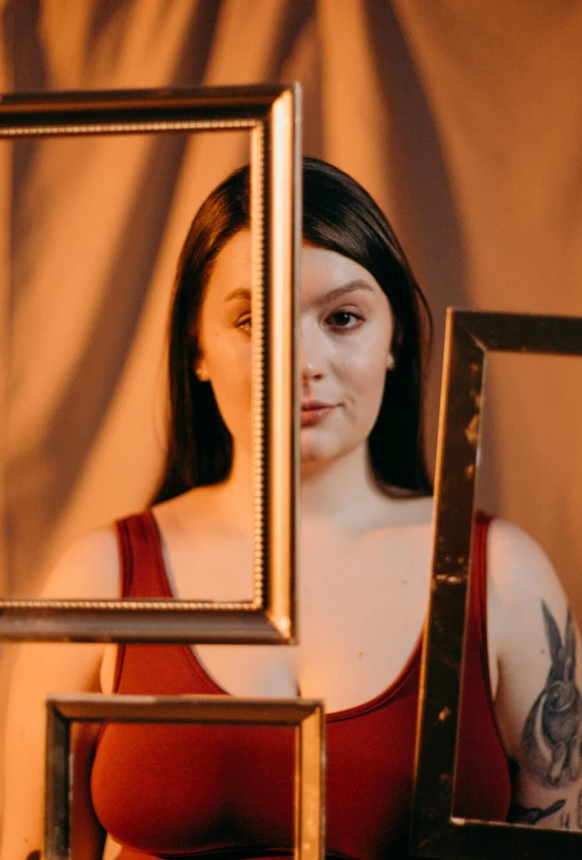 a woman that is standing in front of a mirror, an album cover, inspired by Elsa Bleda, pexels contest winner, renaissance, portrait of tifa lockhart, charli bowater and artgeem, concert photo, studio photo