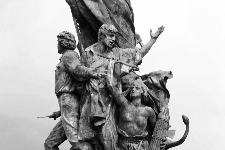 a black and white photo of a statue, by Zoltán Joó, pexels, socialist realism, artem demura and alphonse mucha, martyrdom, soldiers, calcutta