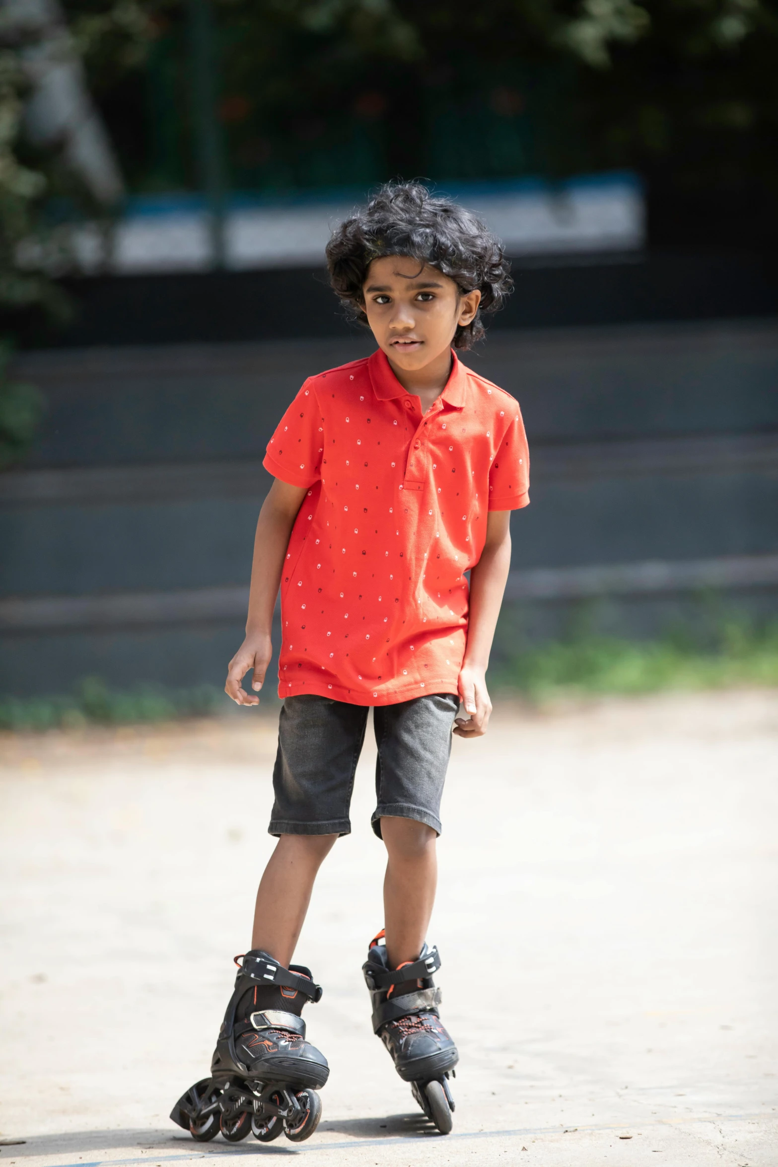 a young boy riding a skateboard down a street, red shirt, vinayak, full body hero, concerned expression