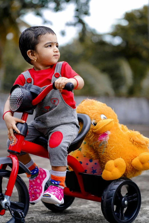 a small child riding a tricycle with a teddy bear, a picture, inspired by Abidin Dino, pexels contest winner, vinayak, full body image, closeup portrait shot, coloured