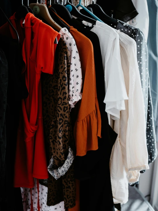 a rack of clothes in front of a window, trending on unsplash, renaissance, orange red black white, loose - fitting blouses, inspect in inventory image, browns and whites