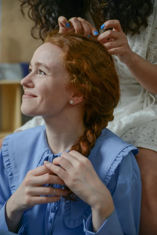 a woman is combing another woman's hair, inspired by Elsa Beskow, complex redhead braided hair, smiling slightly, still from a live action movie, soft texture