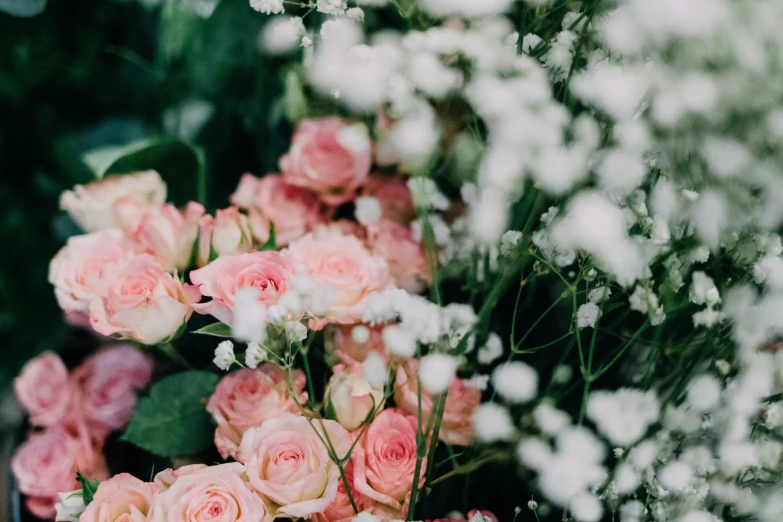 a bunch of pink and white flowers in a vase, unsplash, extra detail, rose garden, fully covered, bubbly