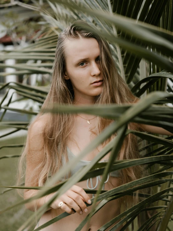 a woman in a bikini standing next to a palm tree, a picture, inspired by Elsa Bleda, trending on unsplash, renaissance, long ashy hair | gentle lighting, overgrown greenery, close up portrait photo, 🤤 girl portrait