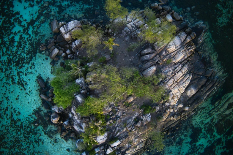 a small island in the middle of a body of water, a screenshot, unsplash contest winner, rocky terrain, helicopter view, tropical trees, 8k resolution”